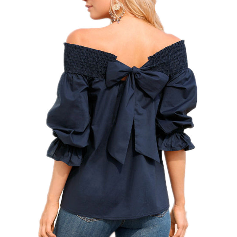 Off Shoulder Tops Spring Summer Strapless Women Blouse Bowknot Slash Neck Shirts Casual Loose Blusas Plus Size