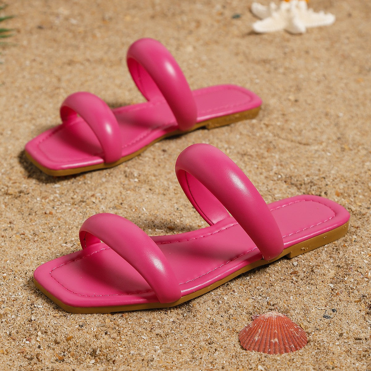 Beach Shoes Flat Slippers Square Toe Casual Flat Slides