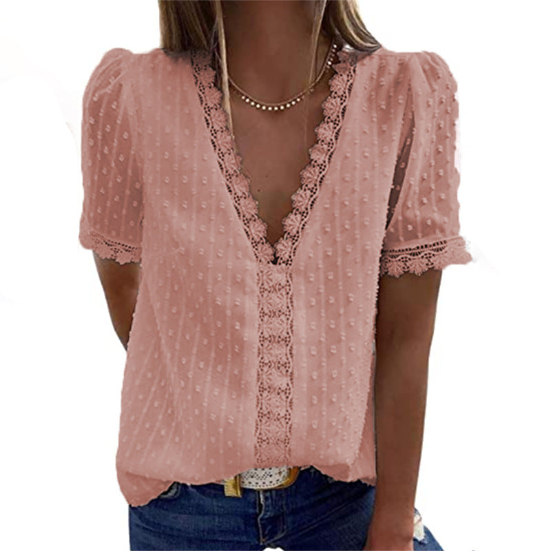 Summer New Solid Color Jacquard V-Neck Short-Sleeved Blouse Women