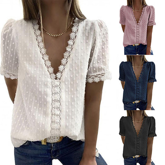 Summer New Solid Color Jacquard V-Neck Short-Sleeved Blouse Women