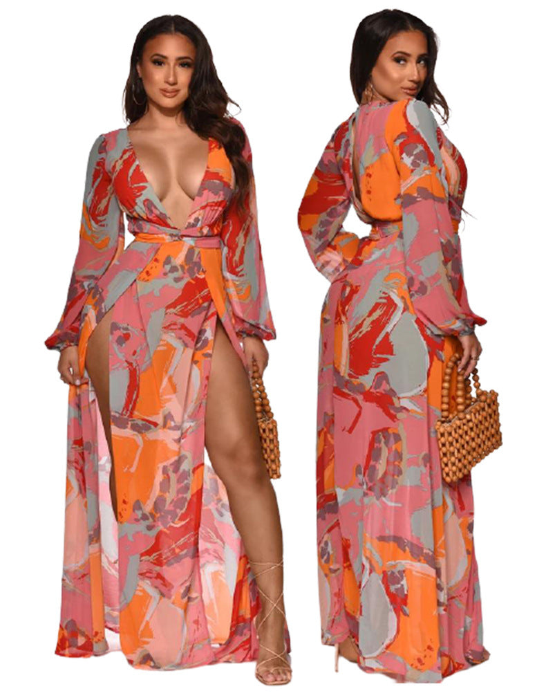 Long-sleeved Printed European And American Women's Dresses