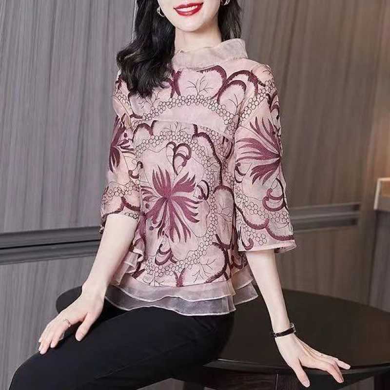 Summer Design Sense Cover Belly And Look Thin Printed Fashion Chiffon Blouse Women