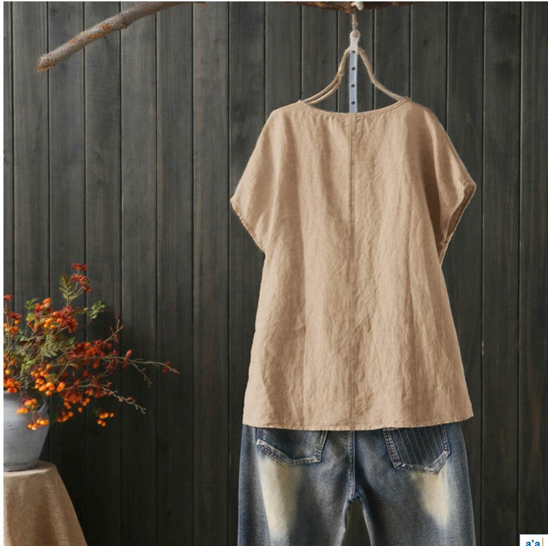 Cotton Linen Blouse Summer Short Sleeve Casual Shirt