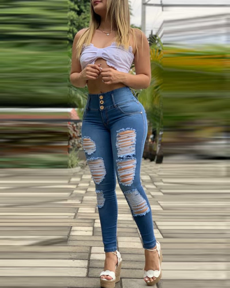 Autumn Women High Waist Buttoned Ripped  Jeans 2021 Femme Plain Zipper Deco Cut Out Skinny Denim Pants Lady Sexy Trousers traf - taylorkinfo