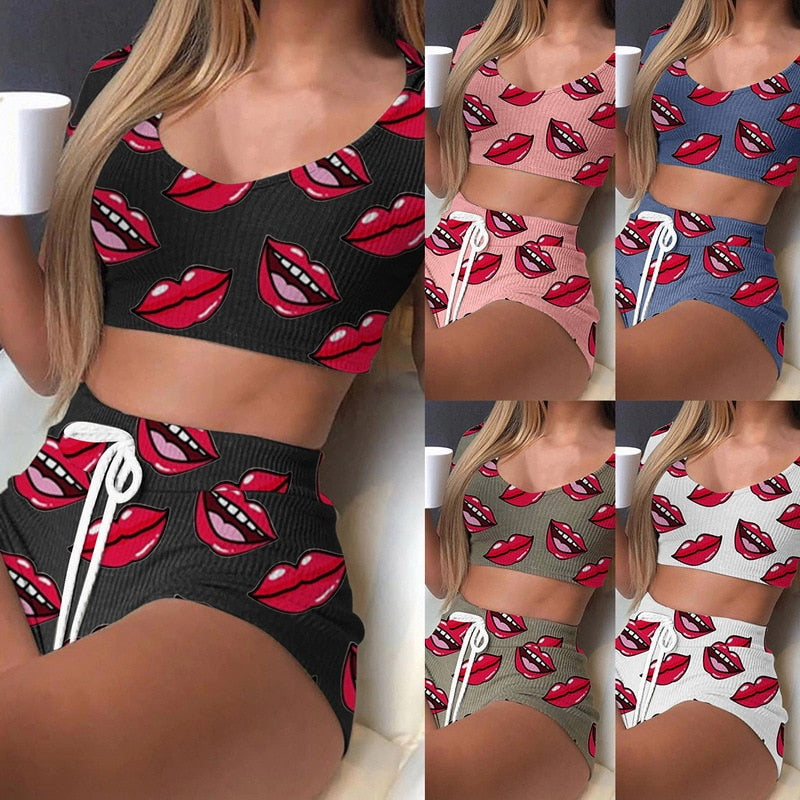 Casual Lips Print Sportswear Women&#39;s 2021 Summer Crop Top And Drawstring Biker Shorts Matching Two Piece Sets