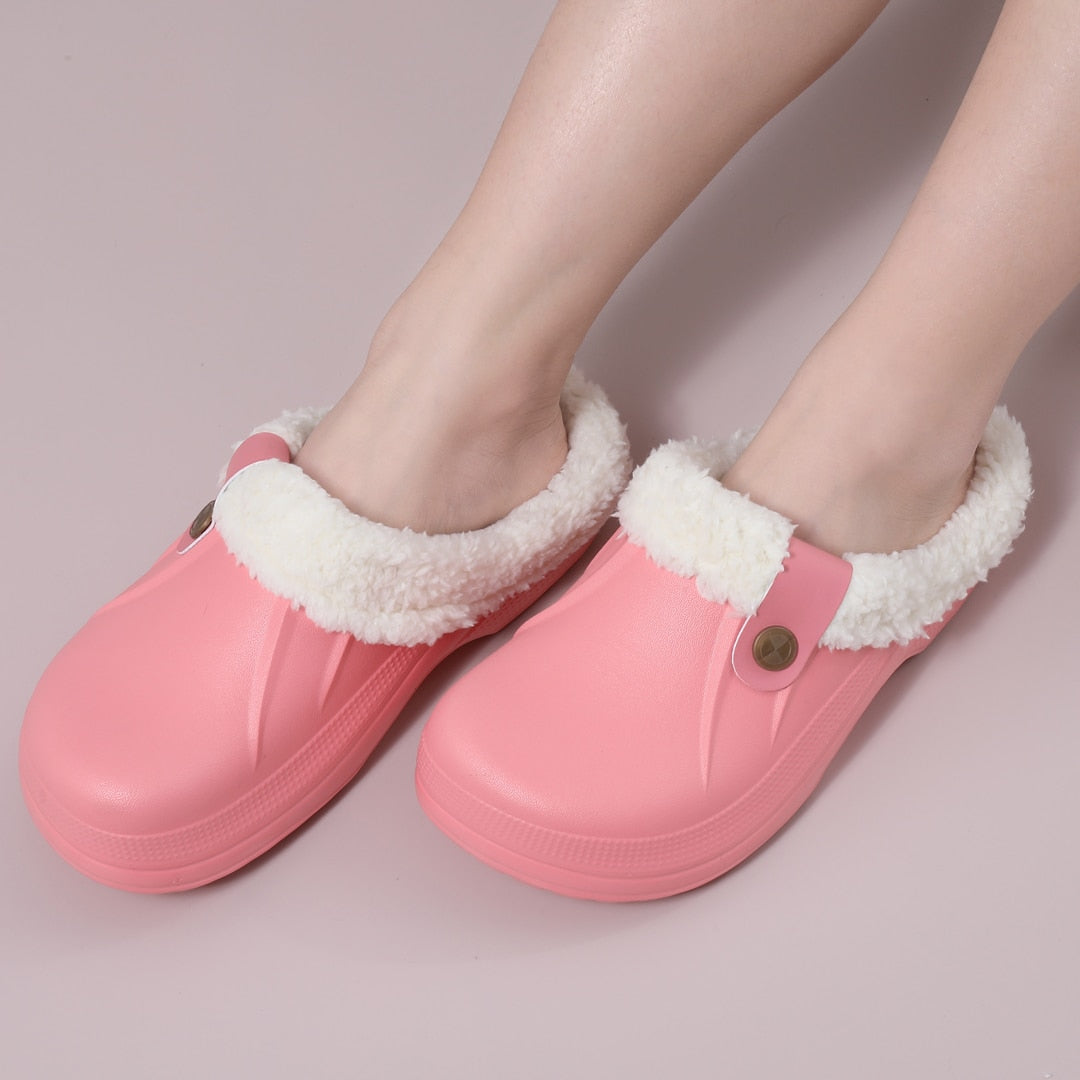 Comwarm Indoor Women Warm Slippers Garden Shoes Soft Waterproof EVA Plush Slippers Female Clogs Couples Home Bedroom Fuzzy Shoes