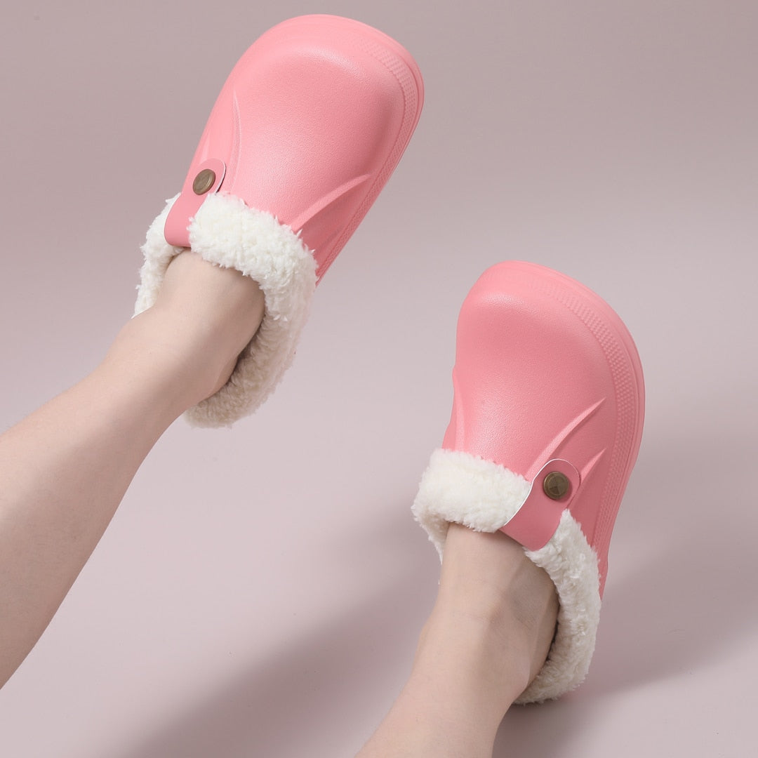 Comwarm Indoor Women Warm Slippers Garden Shoes Soft Waterproof EVA Plush Slippers Female Clogs Couples Home Bedroom Fuzzy Shoes