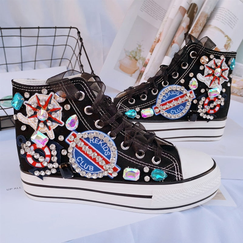 Fashion Diamond High Top Canvas Shoes.  Thick Soled Student Casual Designer Vulcanized Shoes