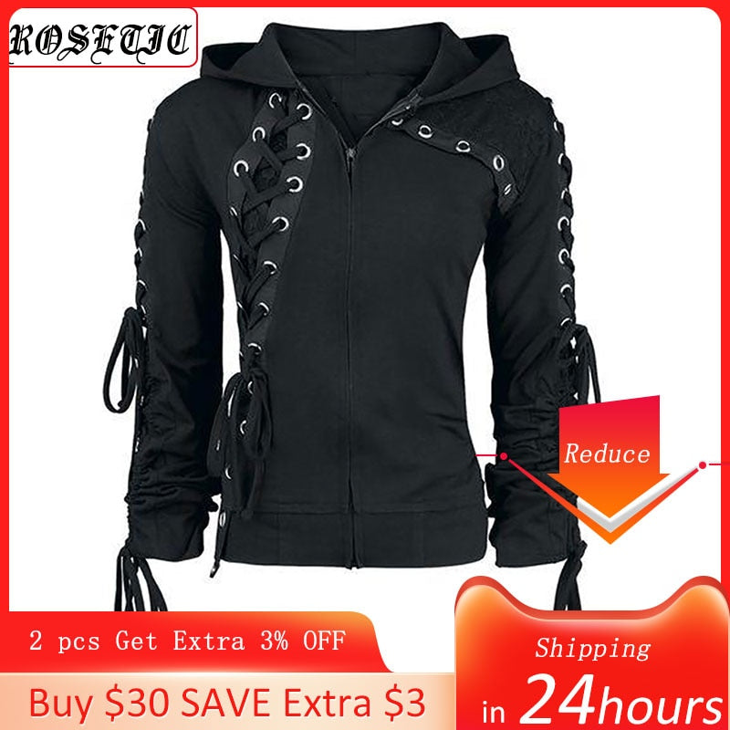 Rosetic Gothic Punk Women Hoodies Lace up Hooded Long Sleeve Casual Harajuku Darkness Autumn winter Goth Black Sweatshirt - taylorkinfo