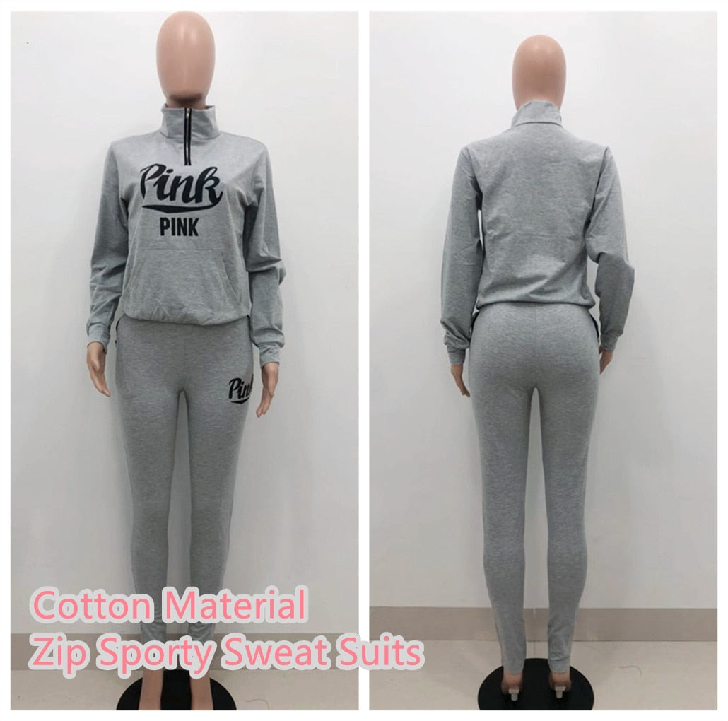 Two Piece Set Pink Letter Print Solid Casual Outfits Zip Sweatshirt - taylorkinfo