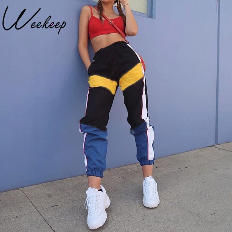 Weekeep Women High Waist Patchwork Pants Black Pencil Pants Streetwear Cargo Pants Loose Jogger Trousers Women 2019 Sweatpants - taylorkinfo