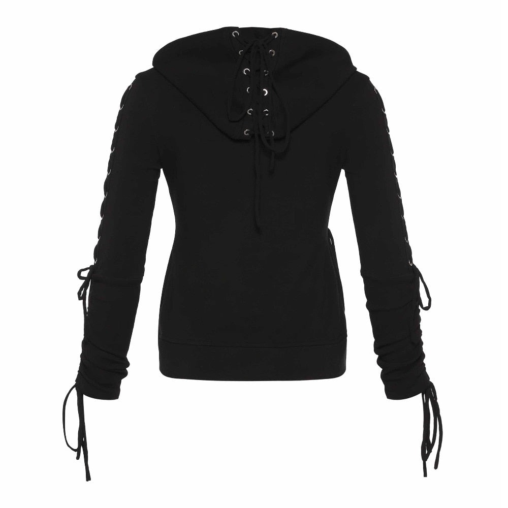 Rosetic Gothic Punk Women Hoodies Lace up Hooded Long Sleeve Casual Harajuku Darkness Autumn winter Goth Black Sweatshirt - taylorkinfo