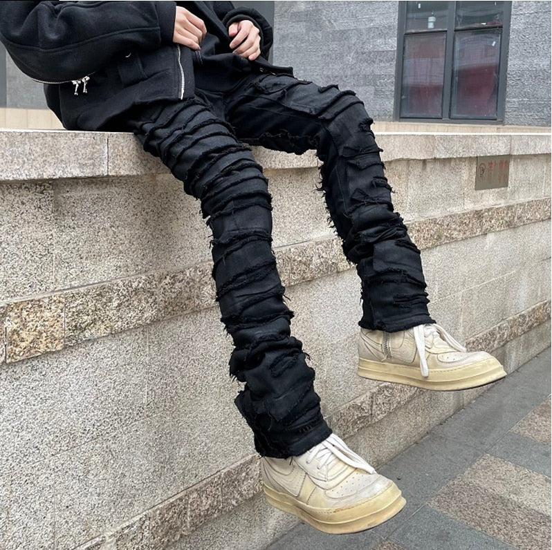 Heavy Industry Hole Frayed Destruction Waxed Jeans Mens High Street Retro Straight Ripped Pencil Pants Oversize Denim Trousers - taylorkinfo