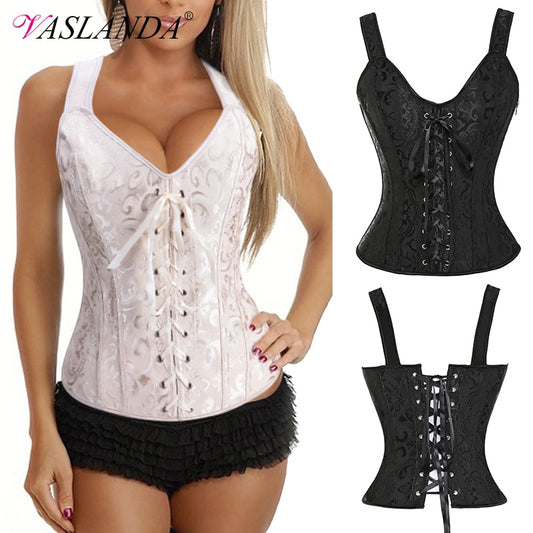 Top Over-bust Waist Trainer Corset Vest Satin Gothic Corselet Lace Up Cropped - taylorkinfo