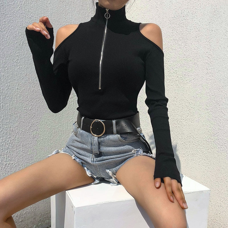 JIEZuoFang Simenual Turtleneck zipper bodysuits with open soulders 2019 long sleeve fashion sexy bandage black jumpsuit Sweater