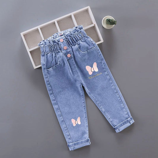 Kids Girl Jeans Floral Cartoon Long Pants Spring Autumn Graffiti Painting Print Casual Trousers with Hole Children Denim Pants - taylorkinfo