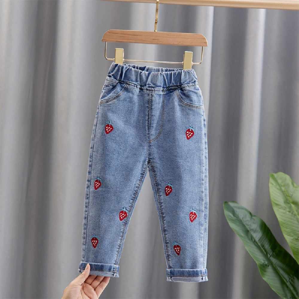 Kids Girl Jeans Floral Cartoon Long Pants Spring Autumn Graffiti Painting Print Casual Trousers with Hole Children Denim Pants - taylorkinfo