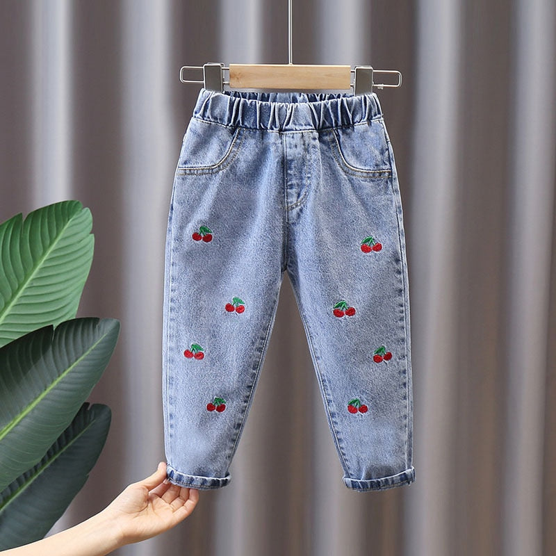 Kids Girl Jeans Floral Cartoon Long Pants Spring Autumn Graffiti Painting Print Casual Trousers with Hole Children Denim Pants - taylorkinfo