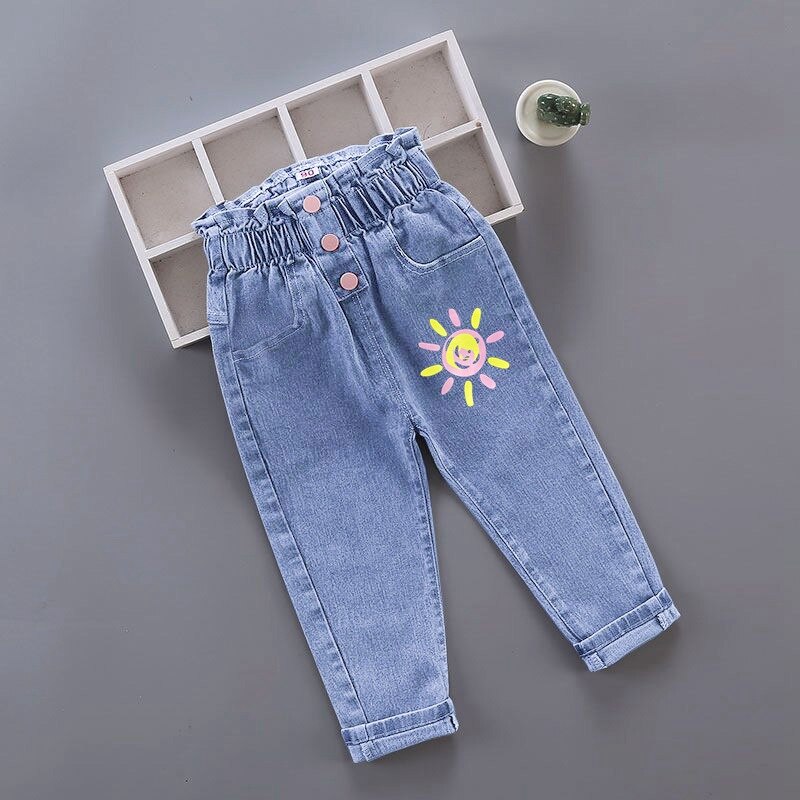 Kids Girl Jeans Floral Cartoon Long Pants Spring Autumn Graffiti Painting Print Casual Trousers with Hole Children Denim Pants - taylorkinfo