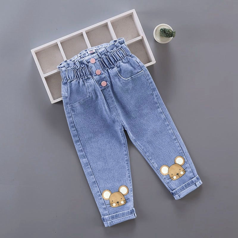 Kids Girl Jeans Floral Cartoon Long Pants Spring Autumn Graffiti Painting Print Casual Trousers with Hole Children Denim Pants - taylorkinfo