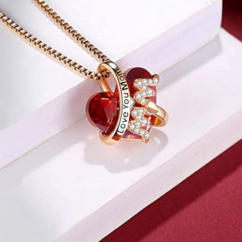 Luxury Fashion &quot;Mom&quot; Pendant Necklace Red Blue Heart Crystal Jewelry Ladies Anniversary Birthday Christmas Mother&#39;s Day Gift