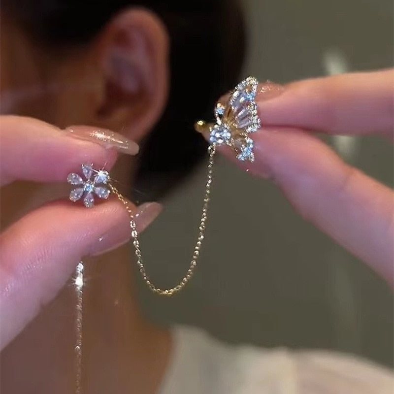 New Arrival Shiny Crystal Butterfly Ear Cuff Clip Earrings For Women Fashion Tassel Chain Flower Stud Earrings Wedding Jewelry