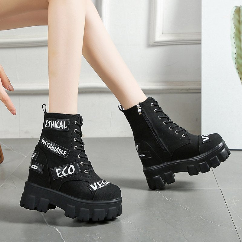 New Fashion Design Alphabet Cosplay Shoes Women&#39;s Gothic Punk Street Women Ankle Boots Platform Wedges High Heels Short Boots