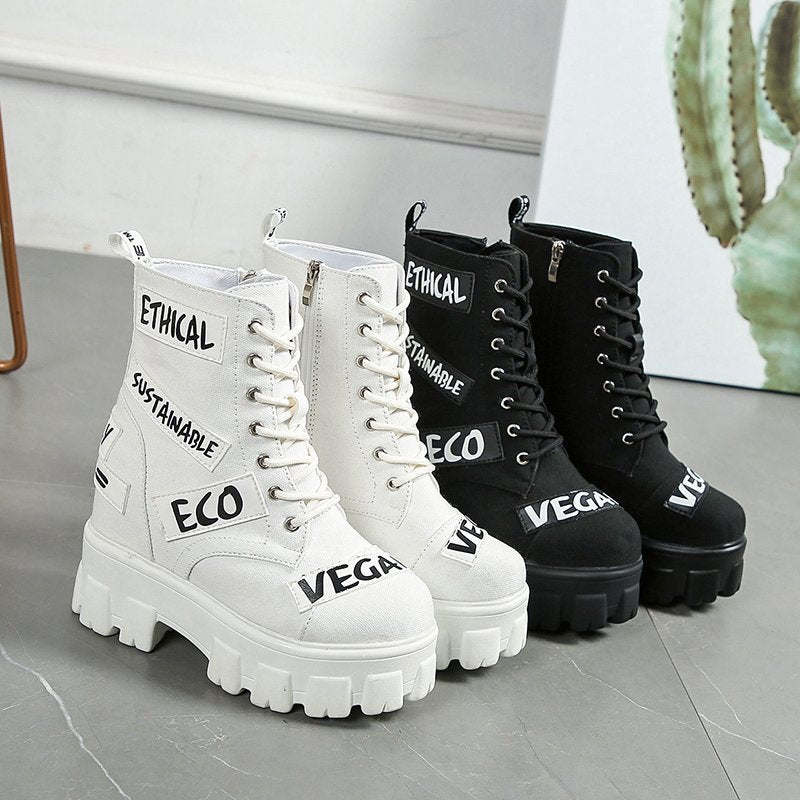 New Fashion Design Alphabet Cosplay Shoes Women&#39;s Gothic Punk Street Women Ankle Boots Platform Wedges High Heels Short Boots