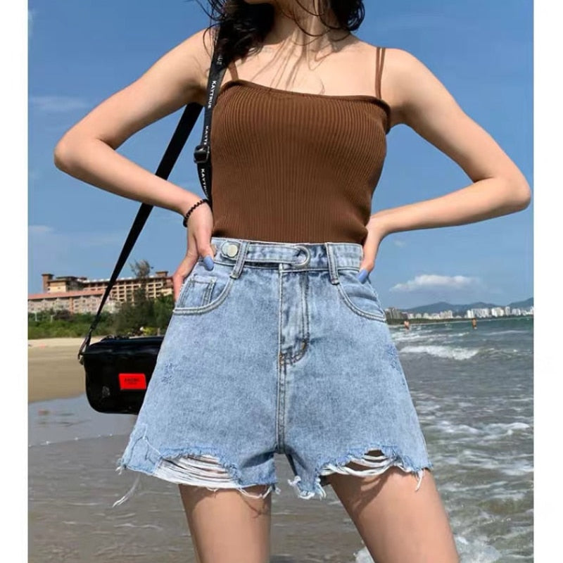 New High Quality Denim Shorts Women&#39;s High-waisted Loose Wide-leg Korean Version Slim A-line Short Hot Pants Ripped Hole Jeans - taylorkinfo