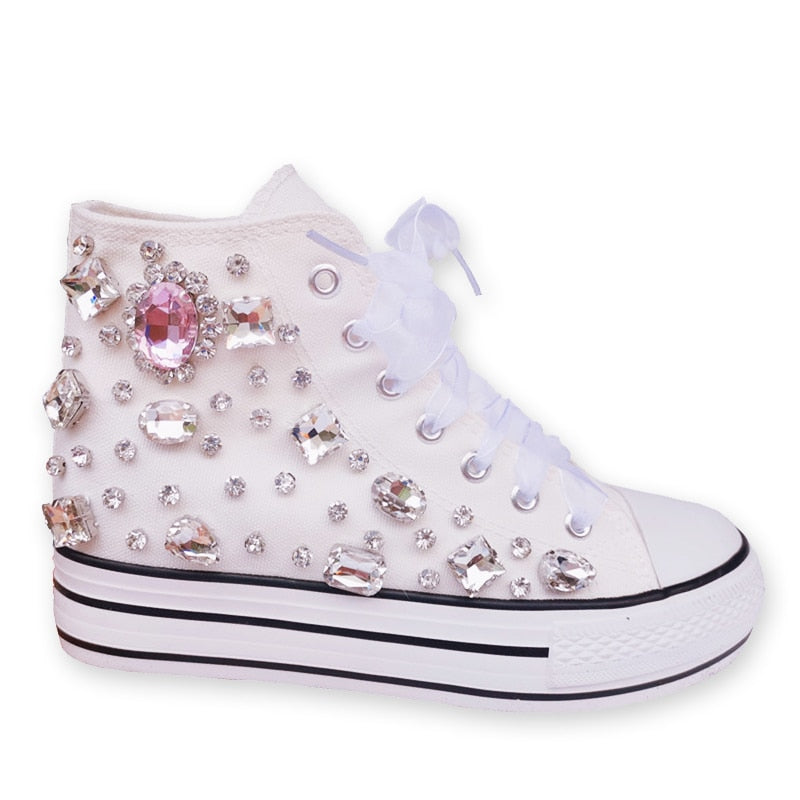 New Lovely Crystal Hand-made Diamond Thick Bottom Inner High Top Women Canvas Shoes