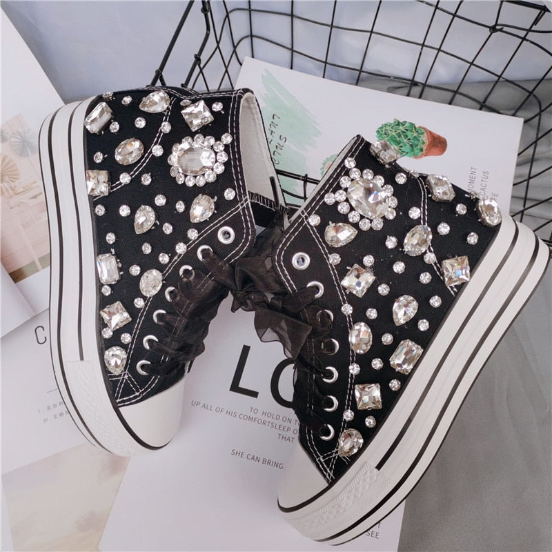 New Lovely Crystal Hand-made Diamond Thick Bottom Inner High Top Women Canvas Shoes