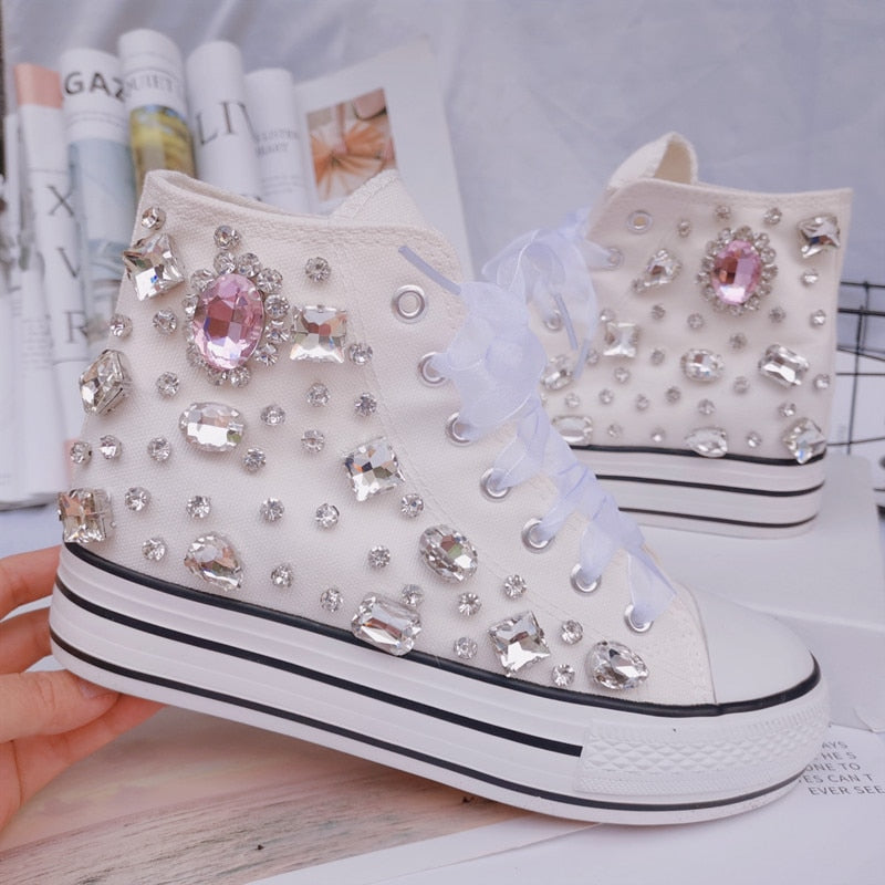 New Lovely Crystal Hand-made Diamond Thick Bottom Inner High Top Women Canvas Shoes