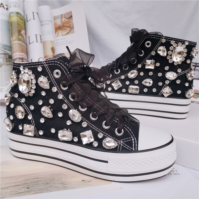 New Lovely Crystal Hand-made Diamond Thick Bottom Inner High Top Women Canvas Shoes