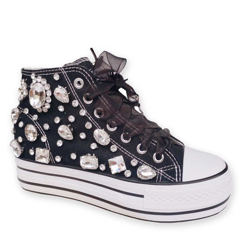 New Lovely Crystal Hand-made Diamond Thick Bottom Inner High Top Women Canvas Shoes