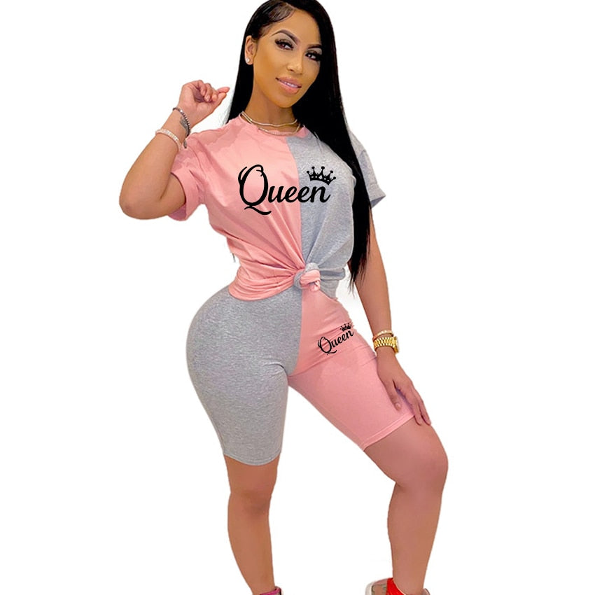 New Summer Fashion Women Stitching Queen Print Tracksuit  2 Piece Set Woman Sports Suit Summer Outfit