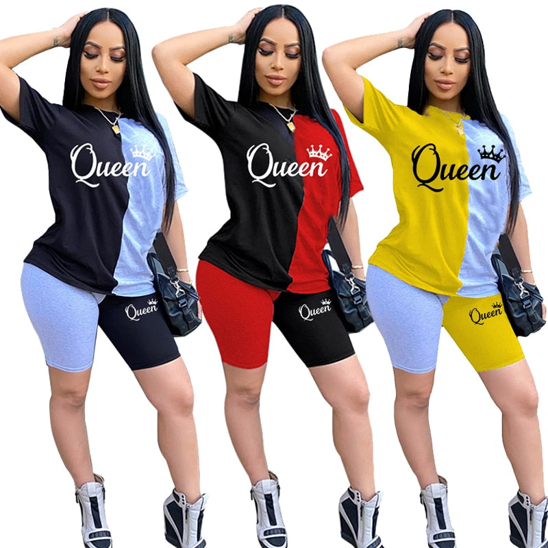 New Summer Fashion Women Stitching Queen Print Tracksuit  2 Piece Set Woman Sports Suit Summer Outfit