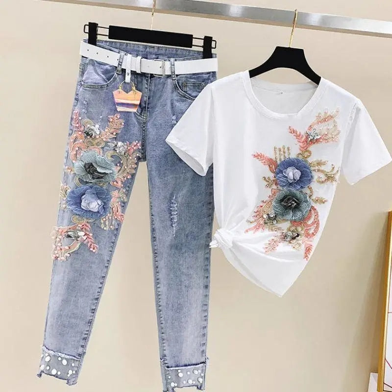 One-Piece/Set 2023 Summer New Women Denim Pants Beaded Embroidery Short-Sleeved + Small Feet Hole Jeans Female Two-Piece Suit425 - taylorkinfo