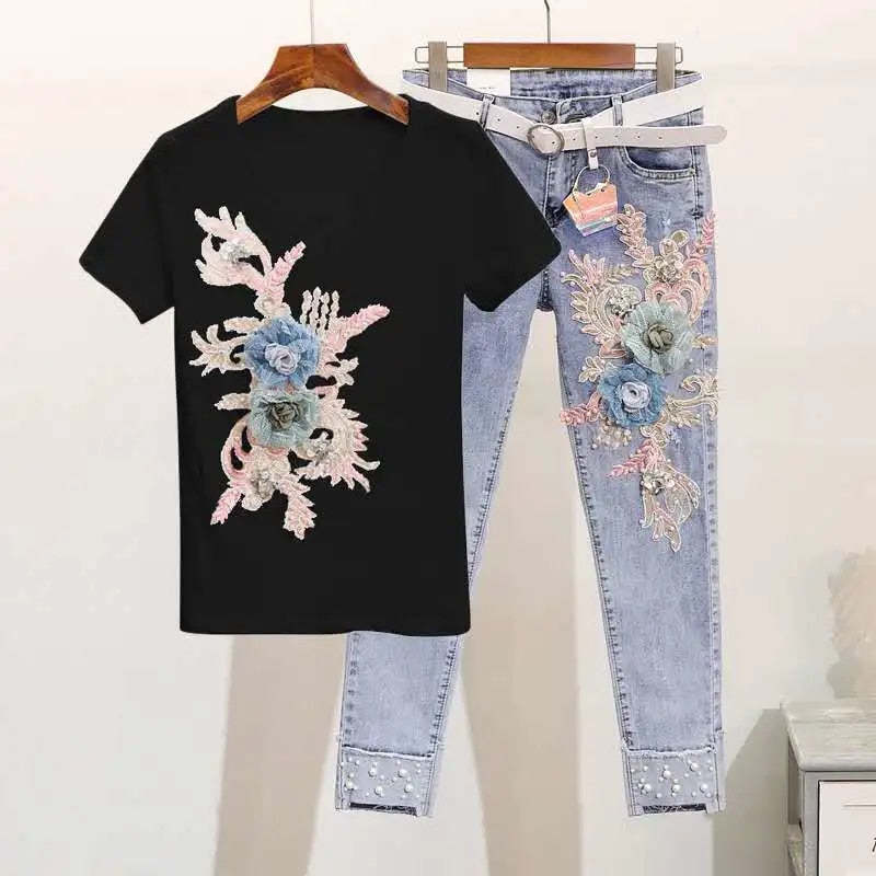 One-Piece/Set 2023 Summer New Women Denim Pants Beaded Embroidery Short-Sleeved + Small Feet Hole Jeans Female Two-Piece Suit425 - taylorkinfo