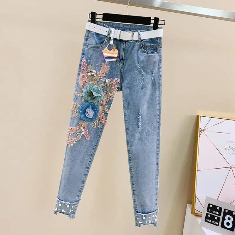 One-Piece/Set 2023 Summer New Women Denim Pants Beaded Embroidery Short-Sleeved + Small Feet Hole Jeans Female Two-Piece Suit425 - taylorkinfo