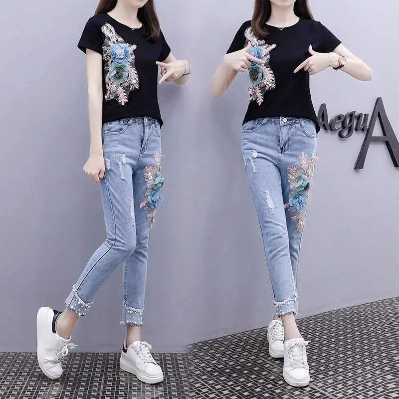 One-Piece/Set 2023 Summer New Women Denim Pants Beaded Embroidery Short-Sleeved + Small Feet Hole Jeans Female Two-Piece Suit425 - taylorkinfo