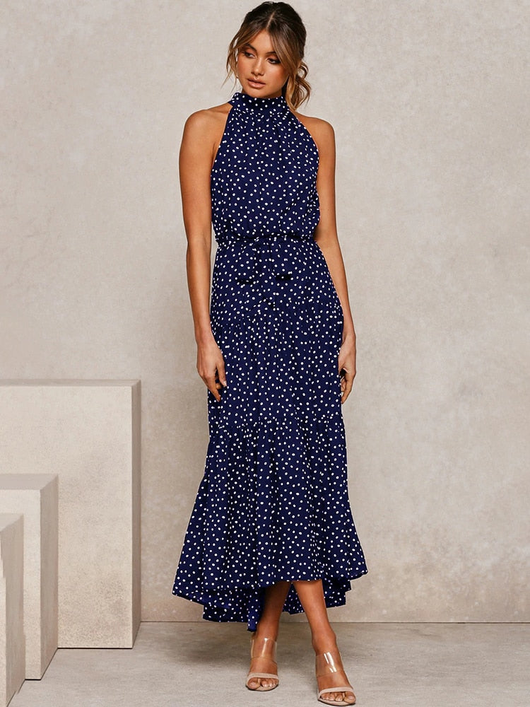 Long Dress Polka Dot Casual Dresses Black Sexy Halter Strapless - taylorkinfo