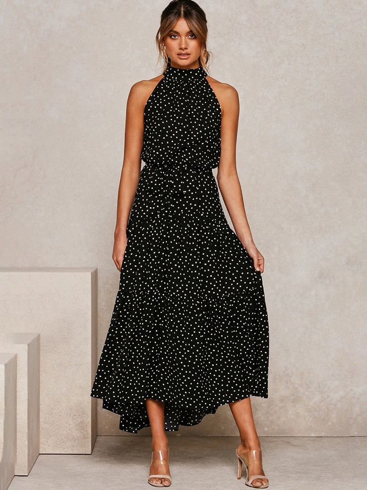 Long Dress Polka Dot Casual Dresses Black Sexy Halter Strapless - taylorkinfo