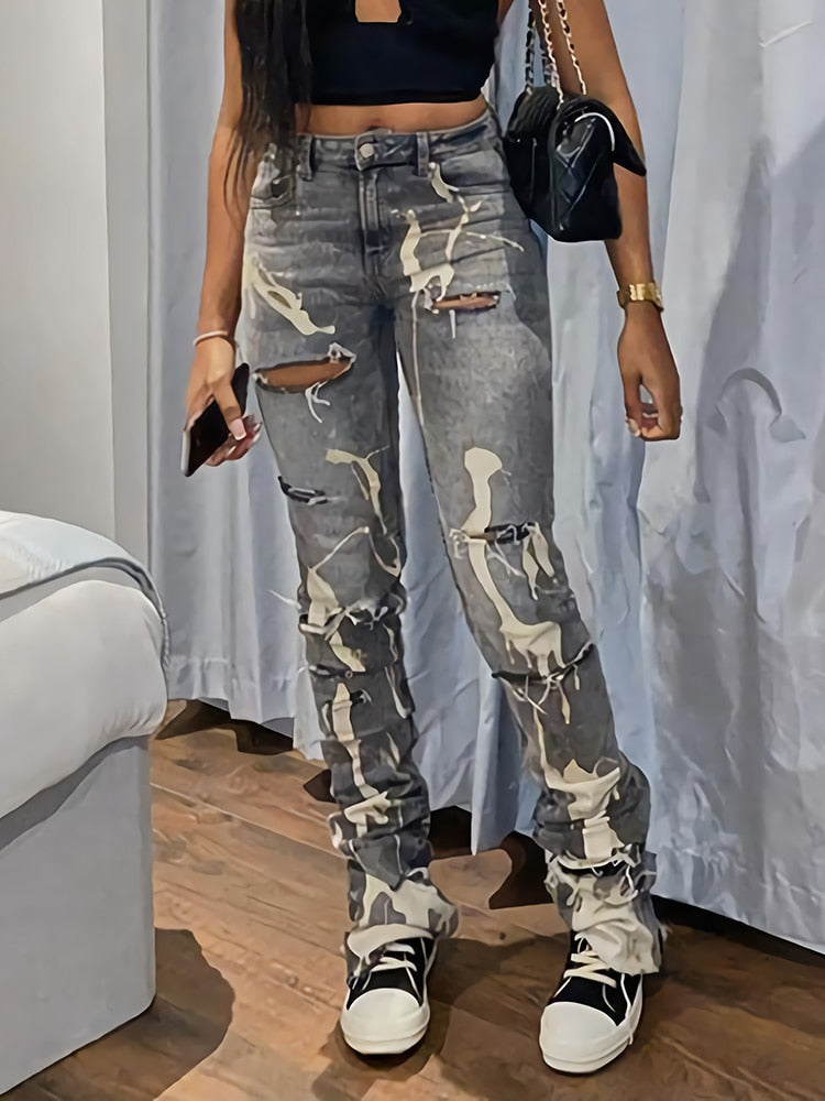 Sifreyr Fashion Cotton Hole Jeans Women Y2K Stacked Pants Casual Chic Print Ripped Denim Skinny Trousers Gray Elastic Slim Jeans - taylorkinfo