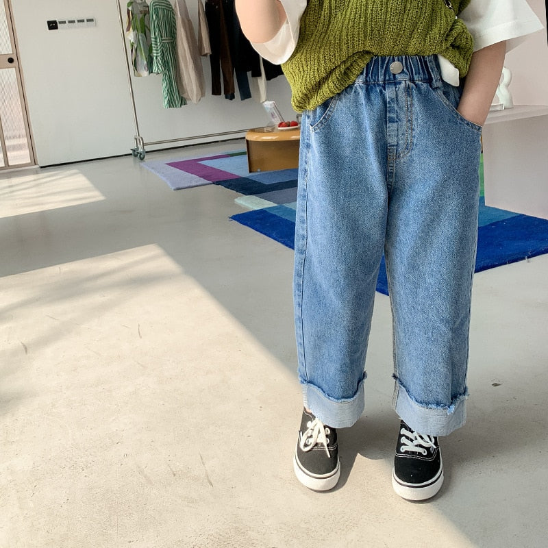 Spring summer Kids crimped wide leg jeans Boys and girls loose thin denim pants Children fashion casual trousers - taylorkinfo