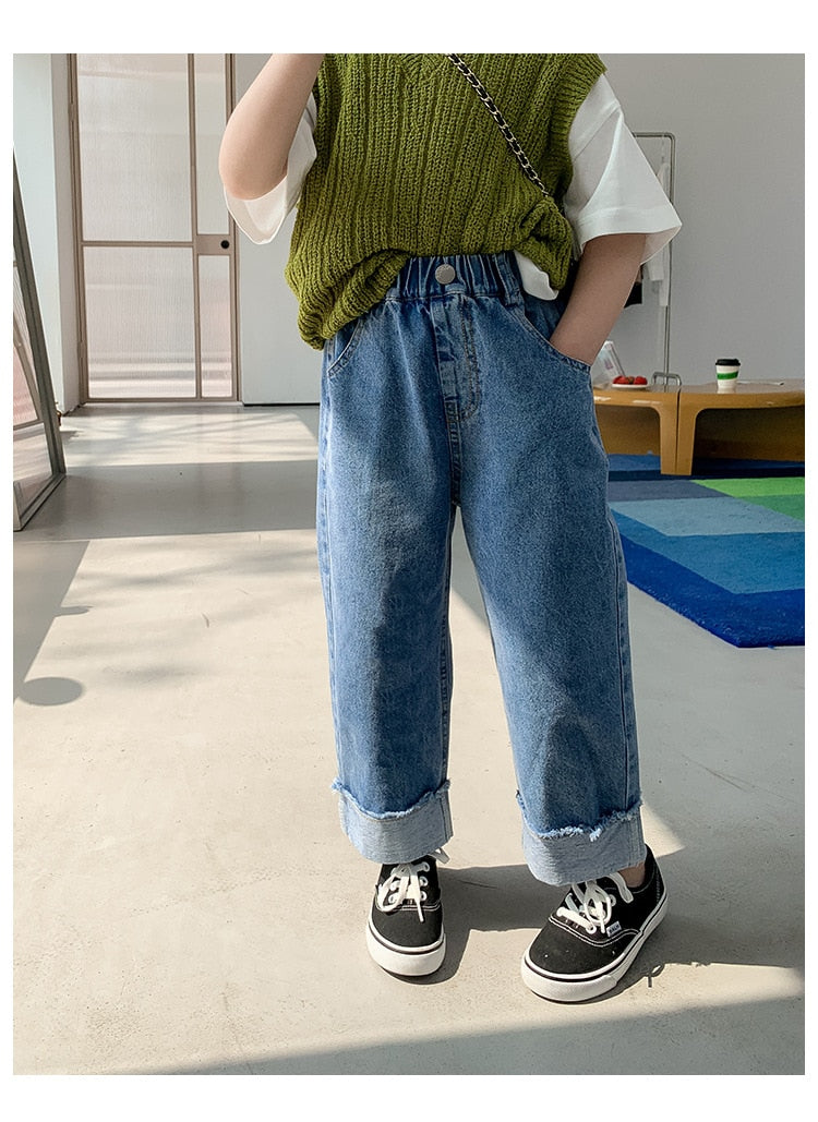 Spring summer Kids crimped wide leg jeans Boys and girls loose thin denim pants Children fashion casual trousers - taylorkinfo