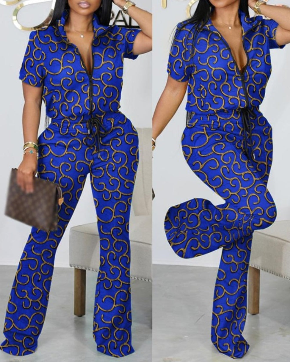 Summer Fashion Print Two Piece Set Women Casual Zipper Short-sleeved Shirt Flared Pants Two Piece Suit Women Outfit