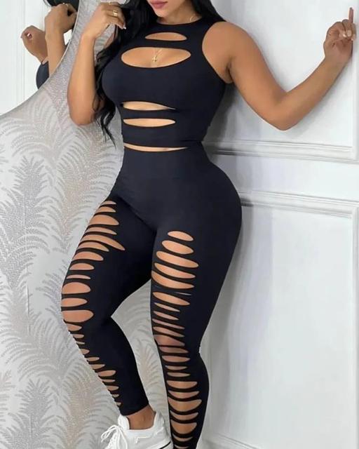 Two Piece Sets Womens Outifits 2023 Spring Fashion Ladder Cutout Round Neck Sleeveless Tank Top &amp; Sexy High Waist Long Pants Set