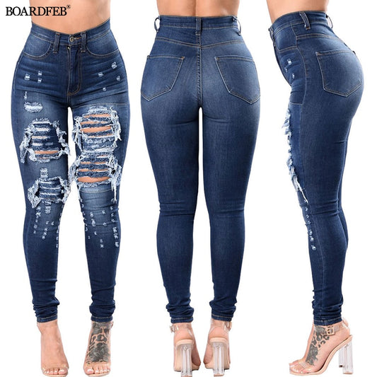 Women Ripped Jeans High Waist Stretch Skinny Slim Fit Female Pencil Y2K Pants Destroyed Denim Pants Ladies Casual Hole Trousers - taylorkinfo