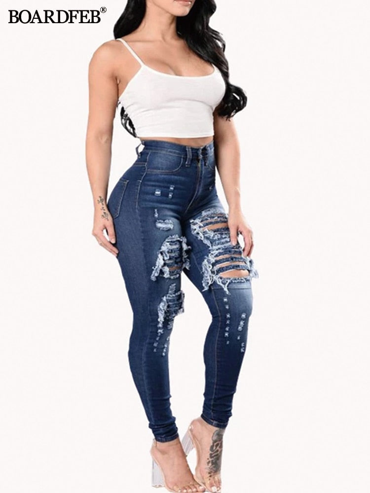 Women Ripped Jeans High Waist Stretch Skinny Slim Fit Female Pencil Y2K Pants Destroyed Denim Pants Ladies Casual Hole Trousers - taylorkinfo