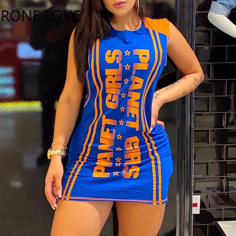 Women Skinny Mini Hollow-out Letter Sexy Bodycon Tank Dress